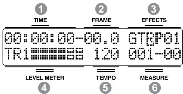 1 TIME 2 FRAME 3 EFFECTS 00:00:00-00.0 GTEP01 TR1 120 001-00 LEVEL METER TEMPO MEASURE 4 5