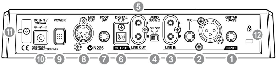 DC IN 9V 200mA POWER MIDI OUT FOOT SW DIGITAL OUT AUDIO SUB MIX N225 OUTPUT LINE OUT ON OFF R LINE IN MIC GUITAR /BASS INPUT 11 12 10 9 8 7 6 4 3 2 1