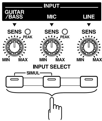 INPUT GUITAR /BASS MIC LINE SENS PEAK SENS PEAK SENS MIN MAX MIN MAX MIN MAX INPUT SELECT SIMUL