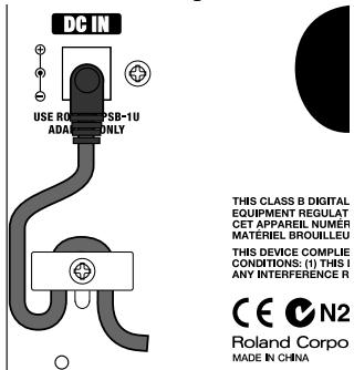 DC IN USE ROM PSB-1U ADAMS ONLY THIS CLASS B DIGITAL EQUIPMENT REGULAT CET APPAREL NUMER MATERIEL BROUILLEU THIS DEVICE COMPLEI CONDITIONS: (1) THIS I ANY INTERFERENCE R CE N2 Roland Corpo MADE IN CHINA