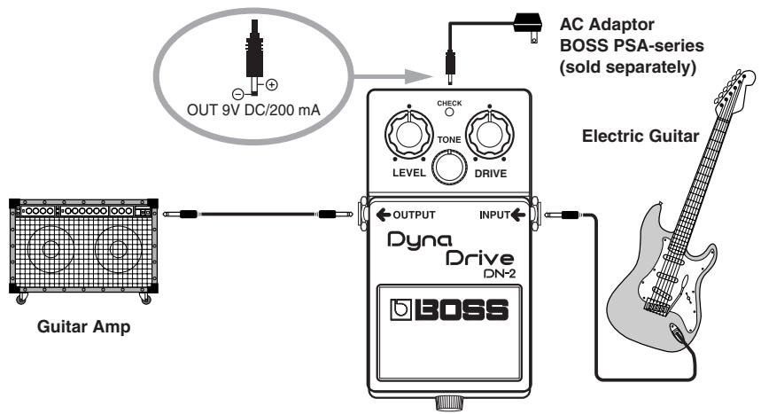 OUT 9V DC/200 mA CHECK TONE LEVEL DRIVE AC Adaptor BOSS PSA-series (sold separately) Guitar Amp Dyna Drive DN-2 OUTPUT INPUT Electric Guitar