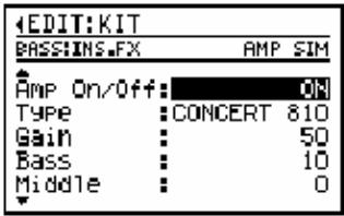 •EDIT: KIT BASSINS.FX AMP SIM Amp On/Off: ON Type: CONCERT 810 Gain: 50 Bass: 10 Middle: 0