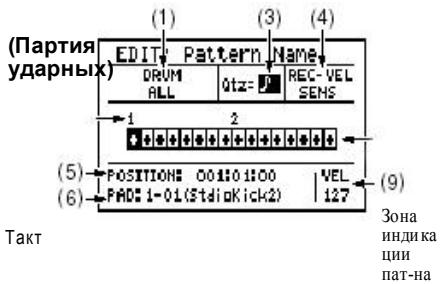 (Партия ударных) EDIT DRUM ALL Pattern Qtz= REC-VEL SENS (1) (3) (4) (5) POSITIONS: 00110 1100 PADS 1-01(StdioKick2) VEL 127 (6) (9) Зона индикации пат-на Такт