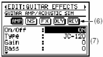 EDIT: GUITAR EFFECTS GUITAR AMP/ACOUSTIC SIM AMP NS FX OLY REV On/Off : ON Type : JC-120 Gain : 0 Bass : 0