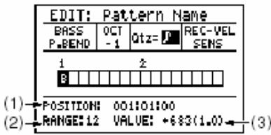 EDIT: Pattern Name BASS P.BEND OCT -1 Qtz= P REC-VEL SENS 1 2 (1) RANGES: 001101100 RANGE: 12 VALUE: +683(1.0) (2) (3)
