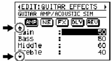 EDIT: GUITAR EFFECTS GUITAR AMP/ACOUSTIC SIM AMP NS FX DLY REV Gain : 50 Bass : 50 Middle : 60 Enable : 40