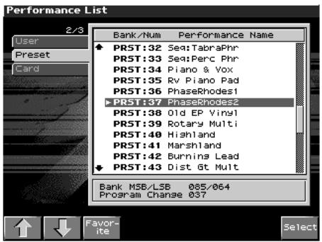 ROLAND FANTOM X8 - Sélection d'une performance dans une liste - 1