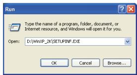 Run Type the name of a program, folder, document, or Internet resource, and Windows will open it for you. Open: D:\WinXP_2k\SETUPINF.EXE OK Cancel Browse...