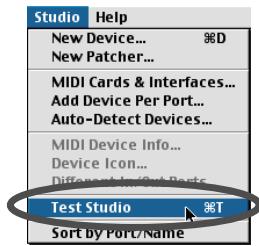 Studio Help New Device... %D New Patcher... MIDI Cards & Interfaces... Add Device Per Port... Auto-Detect Devices... MIDI Device Info... Device Icon... Different Audio/Out Ports Test Studio %T Sort By Port/Name