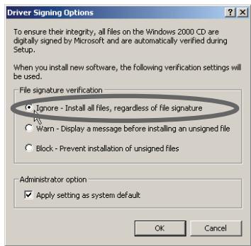 Driver Signing Options To ensure their integrity, all files on the Windows 2000 CD are digitally signed by Microsoft and are automatically verified during Setup. When you install new software, the following verification settings will be used. File signature verification • Ignore - Install all files, regardless of file signature ○ Warn - Display a message before installing an unsigned file ○ Block - Prevent installation of unsigned files Administrator option ✓ Apply setting as system default OK Cancel