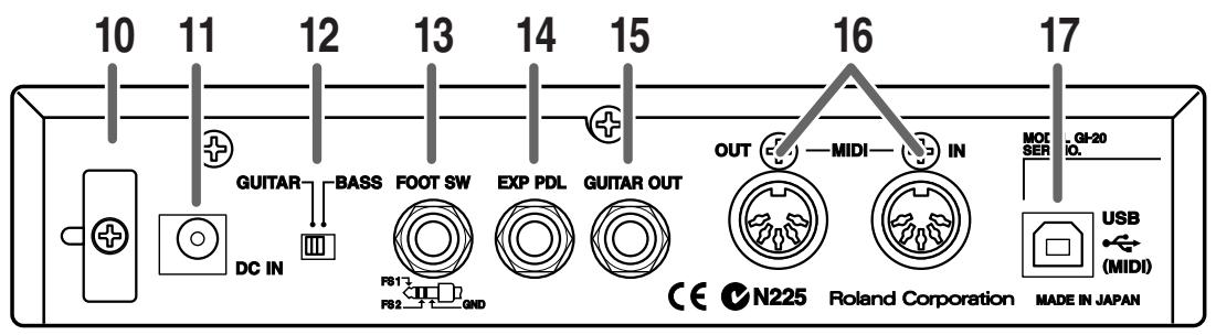 10 11 12 13 14 15 16 17 GUITAR BASS FOOT SW EXP PDL GUITAR OUT OUT MIDI IN DC IN FB13 F812 GND CE N225 Roland Corporation MADE IN JAPAN USB (MIDI)