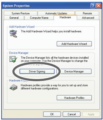 System Properties System Restore Automatic Updates Remote General Computer Name Hardware Advanced Add Hardware Wizard The Add Hardware Wizard helps you install hardware. Add Hardware Wizard Device Manager The Device Manager lists all the hardware devices installed on your computer. Use the Device Manager to change the Driver Signing Device Manager Hardware Profiles Hardware profiles provide a way for you to set up and store different hardware configurations. Hardware Profiles OK Cancel Apply