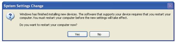 System Settings Change Windows has finished installing new devices. The software that supports your device requires that you restart your computer. You must restart your computer before the new settings will take effect. Do you want to restart your computer now? Yes No