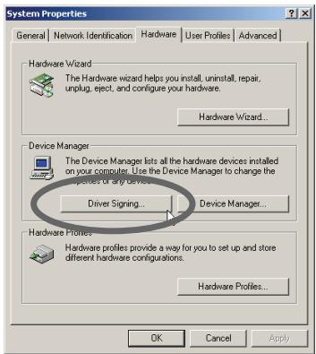 System Properties General | Network Identification | Hardware | User Profiles | Advanced | Hardware Wizard The Hardware wizard helps you install, uninstall, repair, unplug, eject, and configure your hardware. Hardware Wizard... Device Manager The Device Manager lists all the hardware devices installed on your computer. Use the Device Manager to change the user(s) or any device. Driver Signing... Device Manager... Hardware Profiles Hardware profiles provide a way for you to set up and store different hardware configurations. Hardware Profiles... OK Cancel Apply
