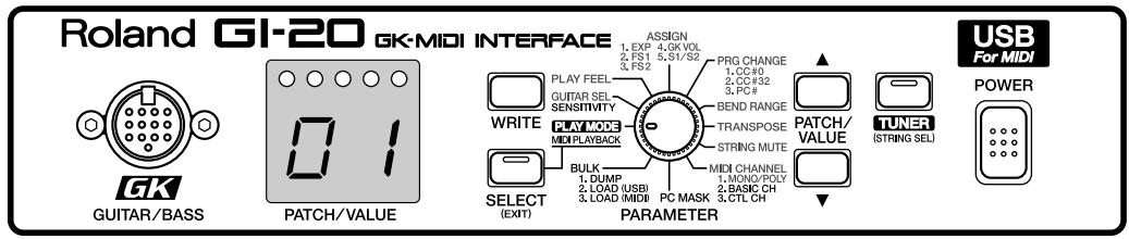Roland GI-20 GK-MIDI INTERFACE GK GUITAR/BASS PATCH/VALUE ITEMS WRITE SELECT (EXIT) PLAY FEEL GUITAR SEL SENSITIVITY PLAY MODE MID PLAYBACK BULK 1. DUMP 2. LOAD (USB) 3. LOAD (MIDI) PARAMETER ASSIGN 1. EXP 4.6VOL 2. FS1 5. ST/S2 3. FS2 PRO CHANGE 1. CC #0 2. CC #32 3. PC # BEND RANGE TRANSPOSE STRING MUTE MIDI CHANNEL 1. MONO/POLY 2. BASIC CH 3. CTL CH PATCH/ VALUE TUNER (STRING SEL) USB For MIDI POWER