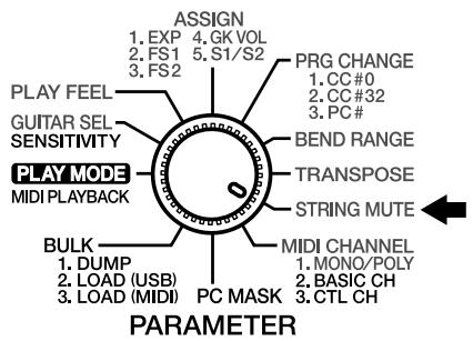 PLAY MODE MIDI PLAYBACK GUITAR SEL SENSITIVITY ASKIN 1. EXP 4. GK VOL 2. FS1 5. S1/S2 3. FS2 BULK 1. DUMP 2. LOAD (USB) 3. LOAD (MIDI) PC MASK MIDI CHANNEL 1. MONO/POLY 2. BASIC CH 3. CTL CH BEND RANGE TRANPOSE STRING MUTE PRG CHANGE 1. CC#0 2. CC#32 3. PC# PARAMETER