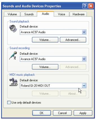 Sounds and Audio Devices Properties Volume Sounds Audio Voice Hardware Sound playback Default device: Avance AC97 Audio Volume... Advanced... Sound recording Default device: Avance AC97 Audio Volume... Advanced... MIDI music playback Default device: Roland GI-20 MIDI OUT Volume... About... Use only default devices OK Cancel Apply
