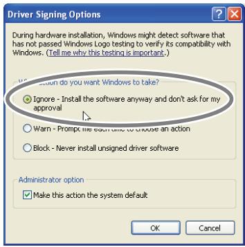 Driver Signing Options During hardware installation, Windows might detect software that has not passed Windows Logo testing to verify its compatibility with Windows. (Tell me why this testing is important.) • Ignore - Install the software anyway and don't ask for my approval • Warn - Prompt the system to choose an action • Block - Never install unsigned driver software Administrator option • Make this action the system default OK Cancel