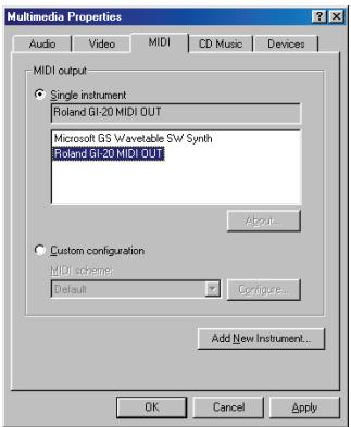 Multimedia Properties Audio Video MIDI CD Music Devices MIDI output ● Single instrument Roland GI-20 MIDI OUT Microsoft GS Wavetable SW Synth Roland GI-20 MIDI OUT About... ● Custom configuration MIDI ischemic: Default Defigure... Add New Instrument... OK Cancel Apply