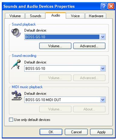 ROLAND GS-10 - For "Sound playback," "Sound recording," and "MIDI music playback," click the  located at the right of [Default device] (or in Windows 2000/Me, [Preferred device]), and select the following from the list that appears. - 1