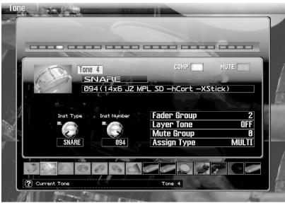 Tone Tone 4 COMP MUTE SNARE D94(14x6 JZ MPL SD -hCart -XStick) Inst Type Inst Number Fader Group 2 Layer Tone Off Mute Group 0 Assign Type MULTI SNARE 034 Current Tone Tone 4