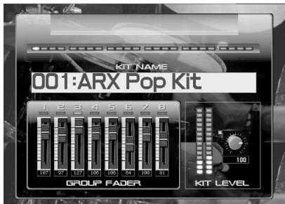 KIT NAME 001:ARX Pop Kit 1 2 3 4 5 6 7 8 GROUP FADER KIT LEVEL