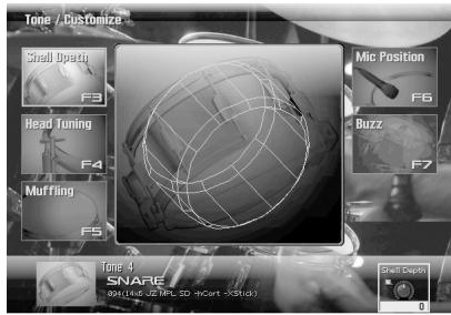 Tone / Customize Snail Opacity F3 Head Tuning F4 Muffling F9 Mic Position F6 Buzz F7 Tone 4 SNARE 0.0H(1x5-2X7PL SD +Cart -XStick) Snail Depth 0