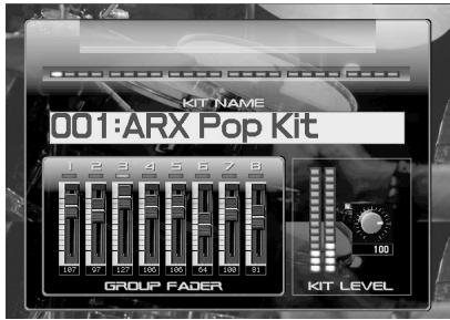 KIT NAME 001:ARX Pop Kit 1 2 3 4 5 6 7 8 GROUP FADER KIT LEVEL