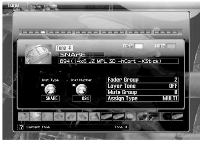 Tone Tone 4 COMP MUTE SNARE 094 (14x6 JZ MPL SD -hCort -XStick) Inst Type Inst Number Fader Group 2 Layer Tone Off Mute Group 0 SNARE 094 Assign Type MULTI Current Tone Tone 4