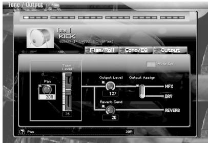 Tone / Output KICK 100x74.02pV/350.06Pax Flan/Roll Comp/EQ Output Mats Sel Time Level Fan 20R Output Level Output Assign NFX 127 DRY Reverb Send 20 REVERB Pan 20R
