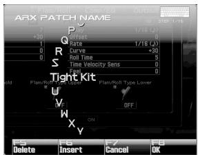 ARX PATCH NAME +39 P 0 1/16 (A) 0 Rate 1/16 (A) 0 Curve +30 0 Roll Time 5 Time Velocity Sens 0 S Tight Kit U Flan/Roll Type Flan/Roll Type Lower V OFF W X ON Y Delete Insert Cancel OK