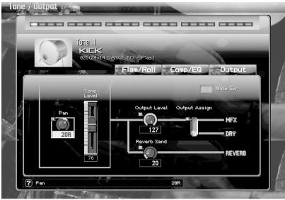 Tone / Output Tone KICKI OUTPUT ON/OFF Flow/Roll Comp/EO Output Type Set Tone Level Pan 20R 213 Output Level Output Assign NFX 127 DRY Reverb Send 20 Reverb Pan 20R