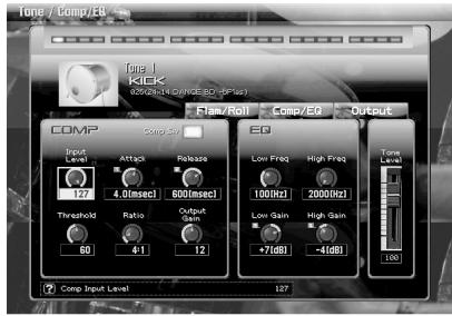 Tone / Comp/E0 Tone I KICK 127 4.0msc 300msc 60 41 12 Flow/Roll Comp/E0 Output COMP Input Level Attack Release Threshold Ratio Output Gain EQ Low Freq High Freq 100Hz 2000Hz Low Gain High Gain +7GB -4GB Time Level Comp Input Level 127