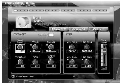 Tone / Comp/E0 Tone I KICK 127 4.0(iesc) 600(iesc) Threshold Ratio Output 60 4:1 12 Comp Input Level 127 Comp/Roll Comp/E0 Output Low Freq High Freq 100Hz 2000Hz Low Gain High Gain +70dB -40dB Tone Level 100