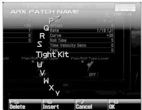 ARX PATCH NAME +30 P 1/16 (A) Offset 0 Rate 1/16 (Q) R 0 Current +30 Time 5 Roll Time Time Velocity Sens 0 S 0 Tight Kit U V OFF W ON F5 F6 Insert F7 Cancel F8 OK