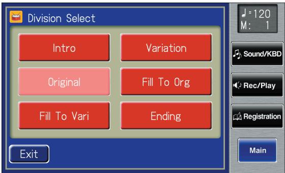 ROLAND AT-800 - Touch  (Division Select).



You can open the Division Select screen by touching the Division name indication (p. 199) in the Rhythm Customize screen.
4. Touch a Division name to select the Division. - 1