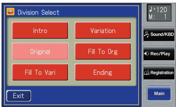 ROLAND AT-900C - Touch  (Division Select).



You can open the Division Select screen by touching the Division name indication (p. 199) in the Rhythm Customize screen.
4. Touch a Division name to select the Division. - 1