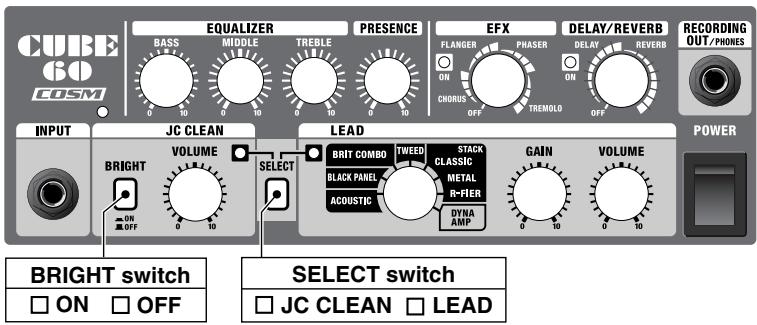 CUBE 60 COSM EQUALIZER BASS MIDDLE TREBLE PRESENCE EFX FLANGER PHASER DELAY/REVERB ON CHORUS OFF TREMOLD OFF RECORDING OUT/PHONES INPUT JC CLEAN VOLUME SELECT LEAD BRIT COMBO TWEED STACK CLASSIC METAL R-FIER GAIN VOLUME ON ON/OFF ACK ACOUSTIC DYNNA AMP POWER BRIGHT switch ON OFF SELECT switch JC CLEAN LEAD