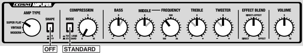COSM AMPUER AMP TYPE SUPER FLAT VINTAGE MODERN SHAPE N FF OFF COMPRESSION MODE 5 0 10 STANDARD BASS 0 - + - MIDDLE — FREQUENCY 0 - + - TREBLE 0 - + - TWEETER 0 - + - EFFECT BLEND DIRECT+EFFECT 0 - + - VOLUME 5 0 10