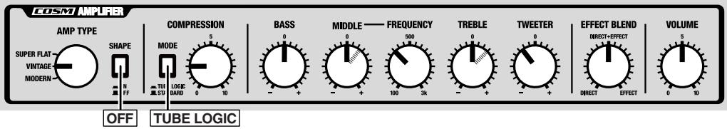 COSM AMPUER AMP TYPE SUPER FLAT VINTAGE MODERN SHAPE OFF MODE MOBIC ST.10 COMPRESSION 5 0 10 BASS 0 - + MIDDLE —— FREQUENCY 500 100 3K TREBLE 0 - + TWEETER 0 - + EFFECT BLEND DIRECT+EFFECT DIRECT EFFECT VOLUME 5 0 10