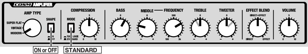 COSM AMPURER AMP TYPE SUPER FLAT VINTAGE MODERN SHAPE N FF ON or OFF COMPRESSION MODE TUE ST.0 LOCK DARD 0 10 STANDARD BASS 0 - + - MIDDLE —— FREQUENCY 500 100 3K TREBLE 0 - + - TWEETER 0 - + - EFFECT BLEND DIRECT+EFFECT DIRECT EFFECT VOLUME 5 0 10