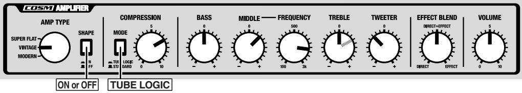 COSM AMPURER AMP TYPE SUPER FLAT VINTAGE MODERN SHAPE N FF ON or OFF COMPRESSION MODE 5 0 10 TUBE LOGIC BASS 0 0 - + - MIDDLE — FREQUENCY 500 100 3K TREBLE 0 - + - TWEETER 0 - + - EFFECT BLEND DIRECT+EFFECT DIRECT EFFECT VOLUME 5 0 10
