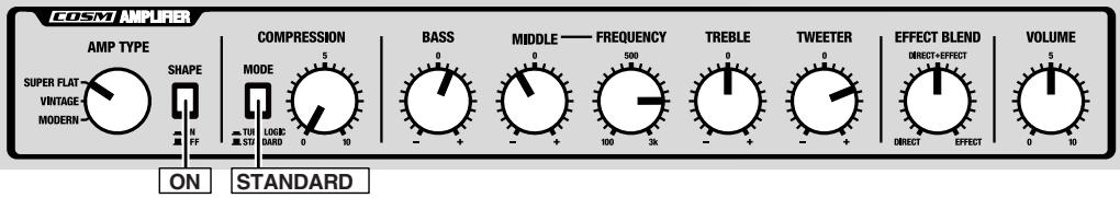COSM AMPURER AMP TYPE SUPER FLAT VINTAGE MODERN SHAPE N FF ON COMPRESSION MODE 5 0 10 STANDARD BASS 0 - + - MIDDLE —— FREQUENCY 500 100 3K TREBLE 0 - + - TWEETER 0 - + - EFFECT BLEND DIRECT+EFFECT DIRECT EFFECT VOLUME 5 0 10