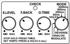 E.LEVEL MIN MAX F.BACK MIN MAX D.TIME MIN MAX STOP HOLD: PRESS TWICE SET TEMPO: PRESS & HOLD (>2 sec.) CHECK MODE 3200ms 800ms 200ms 50ms HOLD REVERSE ANALOG MODULATE