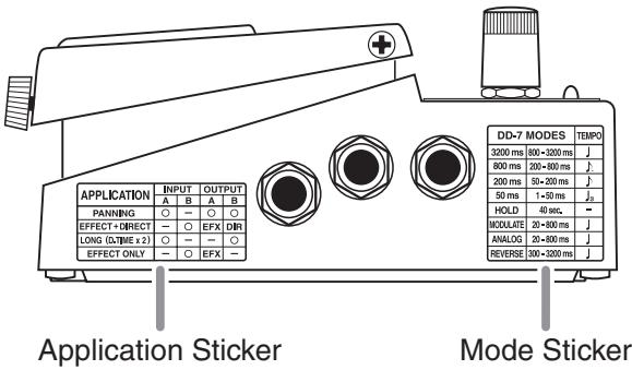APPLICATION INPUT OUTPUT PANNING A B A B O - O O EFFECT+DIRECT - O EFX DIR LONG (DTIME x 2) O - - O EFFECT ONLY - O EFX - DD-7 MODES TEMPO 3200 ms 800-3200 ms j 800 ms 200-800 ms j 200 ms 50-200 ms j 50 ms 1-50 ms j_a HOLD 40 sec. MODULATE 20-800 ms j ANALOG 20-800 ms j REVERSE 300-3200 ms j Application Sticker Mode Sticker