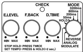 E.LEVEL MIN MAX STOP HOLD: PRESS TWICE SET TEMPO: PRESS & HOLD (>2 sec.) F.BACK MIN MAX D.TIME MIN MAX CHECK MODE 3200ms 800ms 200ms 50ms HOLD REVERSE ANALOG MODULATE