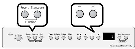 ROLAND F-110 - Hold down the [Reverb] button and press the [Transpose] button. - 1