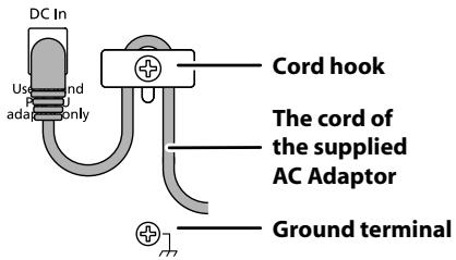 ROLAND F-110 - As shown in the diagram, loop the AC adaptor cord around the cord hook to fasten it in place. - 1