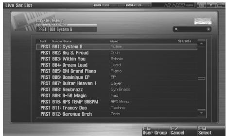 ROLAND FANTOM G8 - Press [F5 (LiveSet List)]. - 1