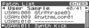 Patch List User Sample 40/41 USAM:008 GtrPhrase03 USAM:009 RhythmLoop01 USAM:010 ------------------ USAM:011 Synth Kick